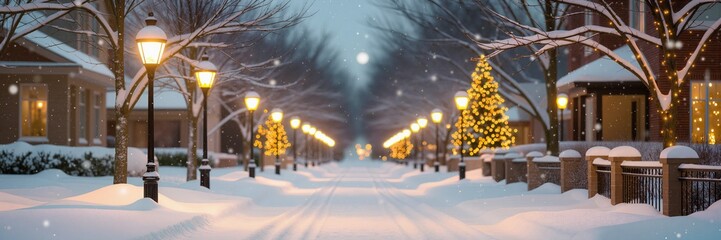 Cozy Christmas scene with glowing street lamps illuminating snow-covered streets, winter wonderland, holiday greetings concept