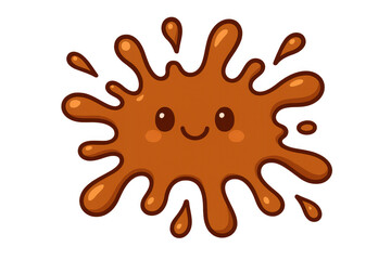Obraz premium Brown happy paint splash character smiling, messy liquid blob or slime splatter with kawaii face, transparent background