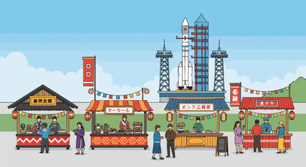 Naklejka premium A vibrant, illustrative scene of a spaceport festival with food stalls and a rocket on the horizon