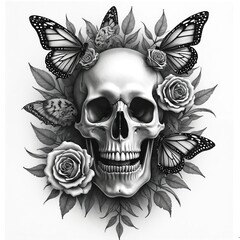 Obraz premium Illustration presents a human skull decorated with roses and butterflies. The art piece has a gothic theme. Design uses monochrome tones. Surreal artwork for tattoo or design.