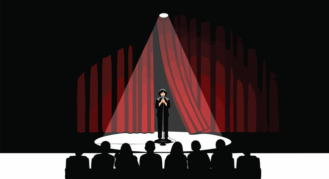A singer or comedian performs under a spotlight on stage with red curtains, while the audience watches - Powered by Adobe