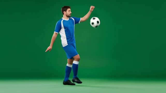Male soccer player kicking a football, juggling the ball, and then holding it up. Green screen effect footage.