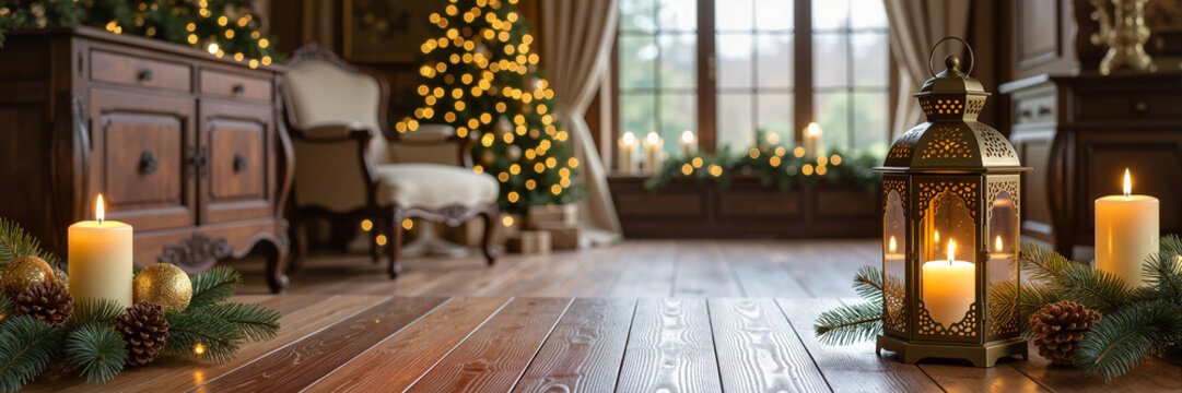Opulent holiday setting with glowing lantern and soft candlelight, antique wooden furniture, warm golden tones, cozy home decor concept for interior design and event planning.