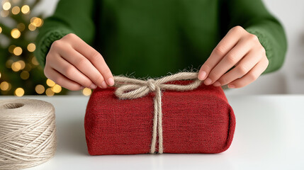 Hands of a person wrapping a red Christmas gift with twine against a blurred bokeh tree background, festive concept of gift shop or holiday decor