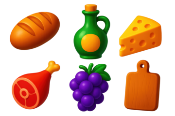 Rustic Dining Icons. 3D icon set of rustic dining: bread loaf, olive oil bottle, cheese wedge, cured ham, grapes, cutting board. A