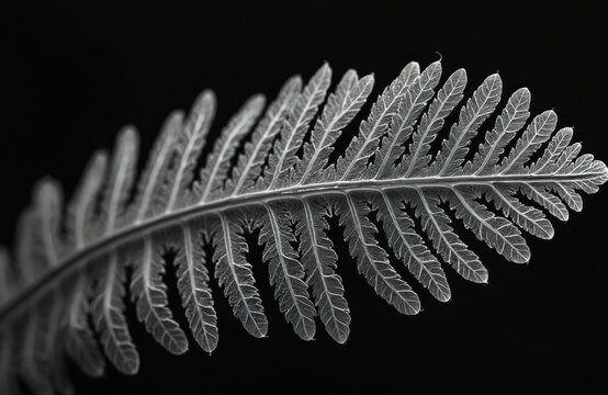 Macro view of white fern skeleton against black background. Detailed veining of delicate leaf structure. Natural plant organic pattern, nature flora detail.