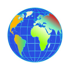 Stylized globe illustration depicting a world map with exaggerated landform colors. Europe, Africa, and the Americas are prominent