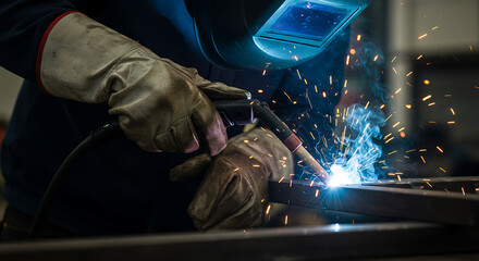 Welder Holding Tool Metal Piece Sparks Blurred Realism