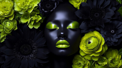 A striking digital portrait of a face with bold lime green makeup, surrounded by vibrant green and black flowers, creating a surreal and elegant contrast