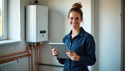 Pro female plumber smiles, holds tablet in home. Stands near modern water heater, copper pipes, window. Woman provides service, shows expertise, uses tech for repair, maintenance work. Happy