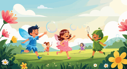 Joyful illustration of kids as fantasy characters, playing with bubbles in a lush garden. Captures childhood imagination and outdoor fun