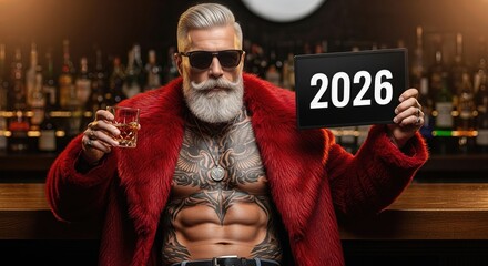 Happy New Year 2026 greeting, invitation card, celebratory announcement, festive flyer, and seasonal message announcing the upcoming year, designed for celebration.