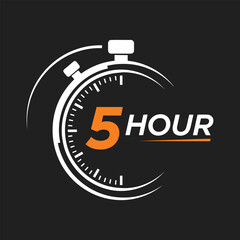Modern stopwatch icon with the number 5 and the word hour in orange and white on a black background