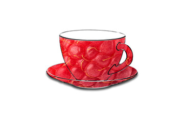 red raspberries and the outline of a cup and saucer on a white background