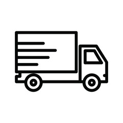 Simple black and white line art icon of a delivery truck in motion for logistics and shipping concepts