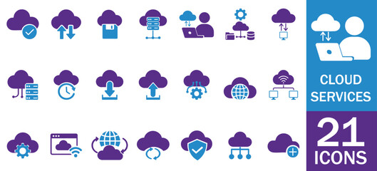 Cloud Services Icons Set. cloud computing, cloud storage, cloud service, backup, security, server, online storage and more. solid icons Vector