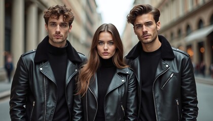Three young adults wear black leather jackets and turtlenecks. They stand together on a city street, posing for the camera with serious expressions. Two men flank a woman in the center.