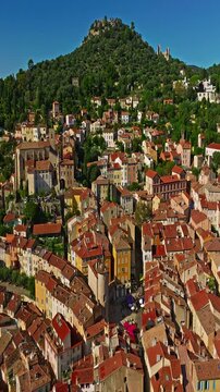  Aerial view of ancient streets and houses of the historic center of the city of Hyeres in the Var department on the azure coast