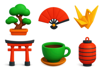 Japanese Tradition Icons. 3D icon set of Japanese traditions: bonsai tree, folding fan, paper crane, torii gate, tea cup, lantern.