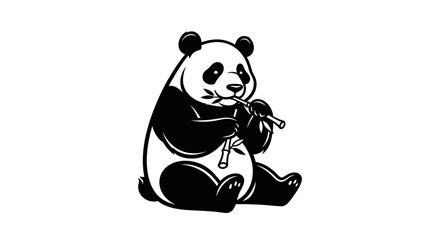 Charming Panda Illustration - A Black and White Depiction of a Bamboo-Eating Bear.
