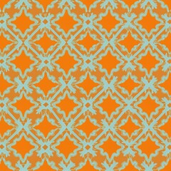 Fototapeta premium Abstract seamless pattern with geometric shapes. Orange background combined with turquoise lines and rhombus. Design suitable for fabric print wallpaper interior decor and textile.