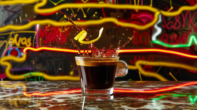 Creative shot of espresso splash on neon background with motion trails, symbolizing nightlife energy, creativity, and vibrant coffee culture.
