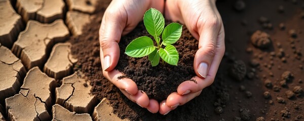 Hands tenderly hold small green plant with soil. Dry cracked earth symbolizes drought or environmental damage. Concept of care nature growth earth day conservation.