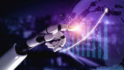 A futuristic robotic hand reaches out to interact with a digital globe, showcasing graphs and analytics to symbolize growth and innovation in technology. Impute