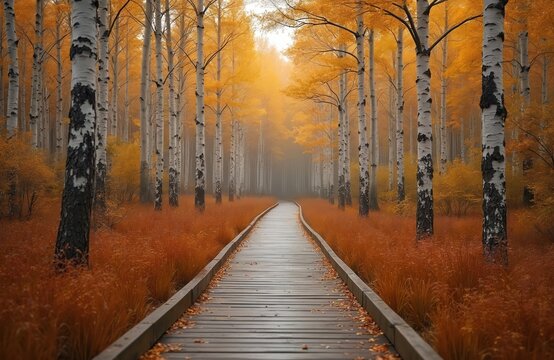 Wooden walkway through a birch forest in autumn. Orange grass lines the path as trees display vibrant fall colors and golden light filters through.