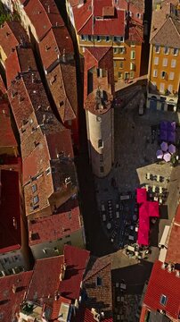  Aerial view of ancient streets and houses of the historic center of the city of Hyeres in the Var department on the azure coast
