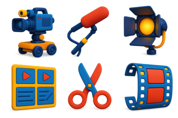 Film Production Icons. 3D icon set of film production: camera dolly, boom microphone, spotlight, storyboard, editing scissors,