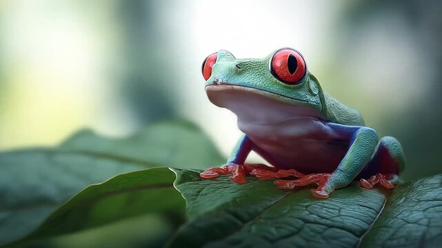 Exotic Red-Eyed Tree Frog with Bright Red Eyes and Green Skin on a Lush Leaf in Natural Habitat