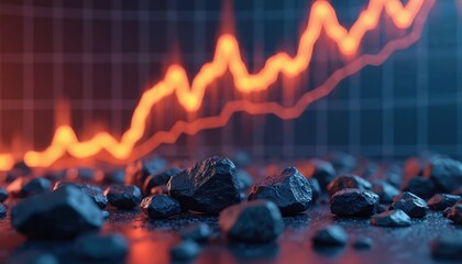 Coal chunks lay on dark surface below glowing orange line graph with upward trend. Digital visualization suggests link between mining and economic growth. Concept art