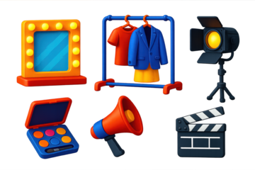 Film Set Icons. 3D icon set of backstage film set: dressing mirror, makeup kit, costume rack, director megaphone, stage light,