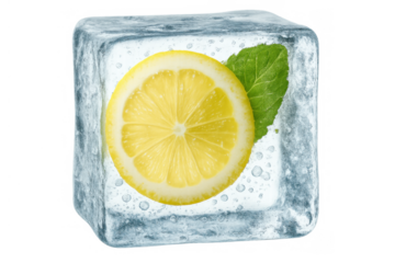 Ice cube encapsulating a lemon slice and mint leaf, symbolizing coolness, freshness, and citrus refreshment