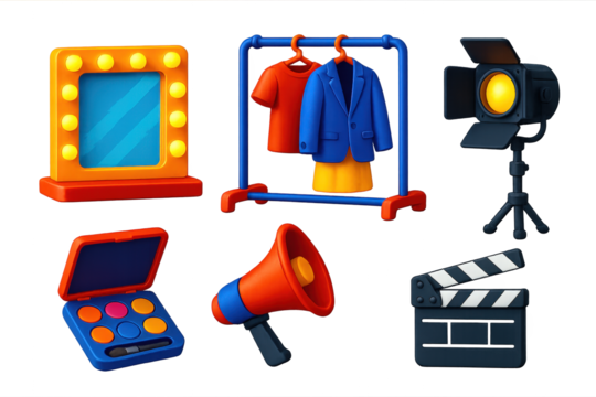 Film Set Icons. 3D icon set of backstage film set: dressing mirror, makeup kit, costume rack, director megaphone, stage light,