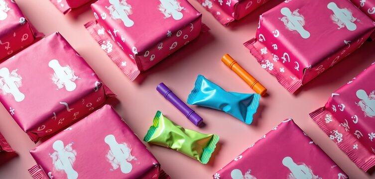 Pink sanitary pads packages arranged on pink background. Colorful tampons in individual wraps like purple, blue, orange, green lie nearby. Flat lay displays modern feminine hygiene items for women