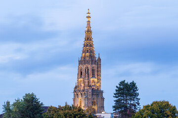 Bern Minster or Berner Muenster illuminated at night. It is a Swiss Reformed cathedral in the old city of Bern in Switzerland.