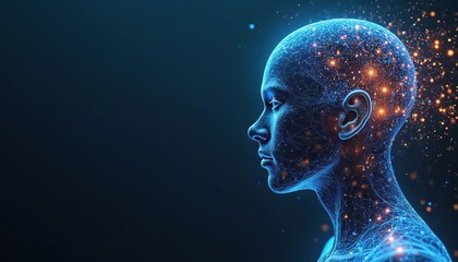 Digital representation of human head with neural network lines. Blue glowing face processes data. Orange particles flow around brain, showing new thinking, AI development. Future innovation, human