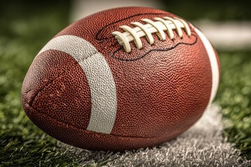 A detailed close-up of a brown and white pigskin football on artificial turf