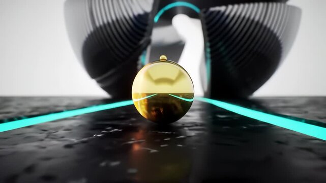 Digital Customer Journey: A golden sphere navigates an abstract, neon-lit technological marketing path, symbolizing future progression and optimized experience.