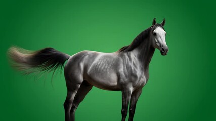 A graceful gray horse stands and moves its tail while posing on green screen, equine chroma key footage