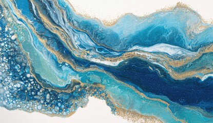 Abstract fluid art, flowing turquoise and deep blue hues with gold flecks