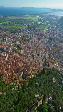  Aerial view of ancient streets and houses of the historic center of the city of Hyeres in the Var department on the azure coast