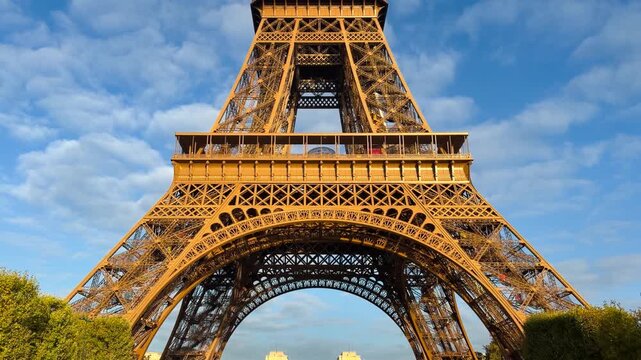 View of the Eiffel Tower at sunrise. Paris, France, October 14, 2025. High quality 4k footage