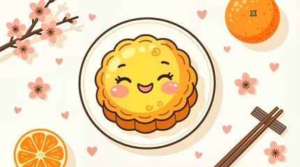 Smiling cartoon mooncake character enjoying clementine on a plate with cherry blossoms, top view illustration concept of Lunar New Year celebration, bakery, food art