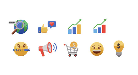 A vibrant collection of 3D marketing icons, including a magnifying glass over the Earth, a thumbs-up with a heart, bar charts showing growth, a megaphone, a shopping cart with a coin, a happy emoji