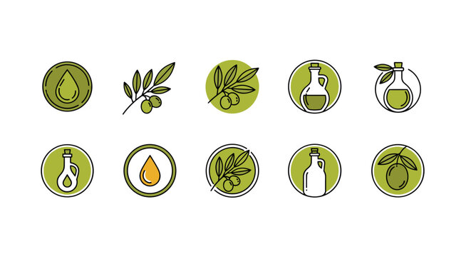 Collection of ten minimalist line art icons representing olive oil production and products, featuring olive branches with olives, oil drops, and bottles, all set against a black background for a