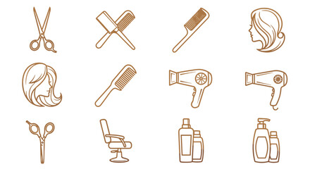 Golden Outline Icons Set for Hair Salon and Beauty Services: Scissors, Combs, Hairdryers, Styling Chair, Hair Products, and Female Silhouette, symbolizing Professional Haircare and Styling Essentials