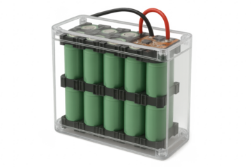 Lithium-ion battery pack with transparent casing on background